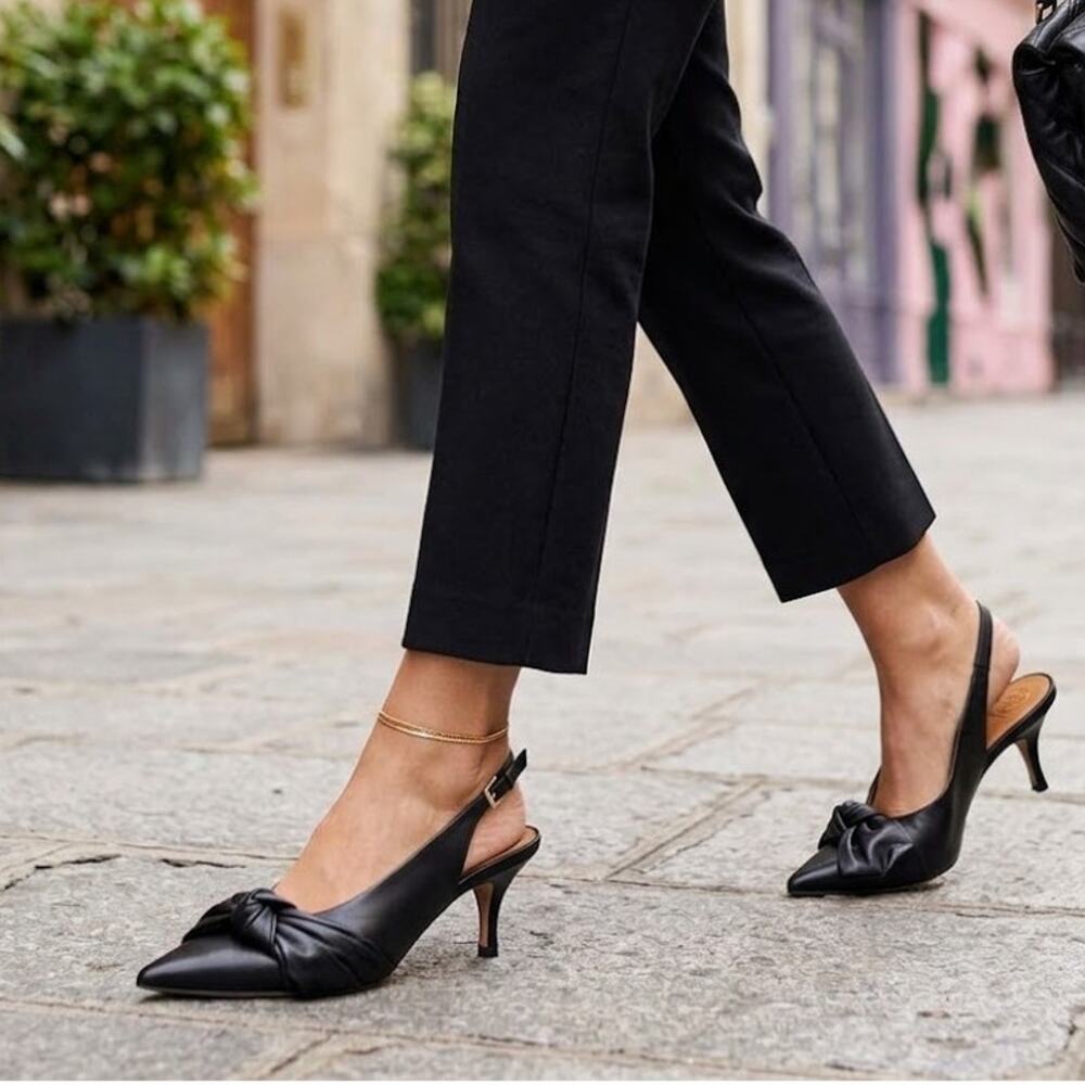 Tory Burch 7.5 Black Leather Bow Pointed Toe Slingback Pumps Heels EUC